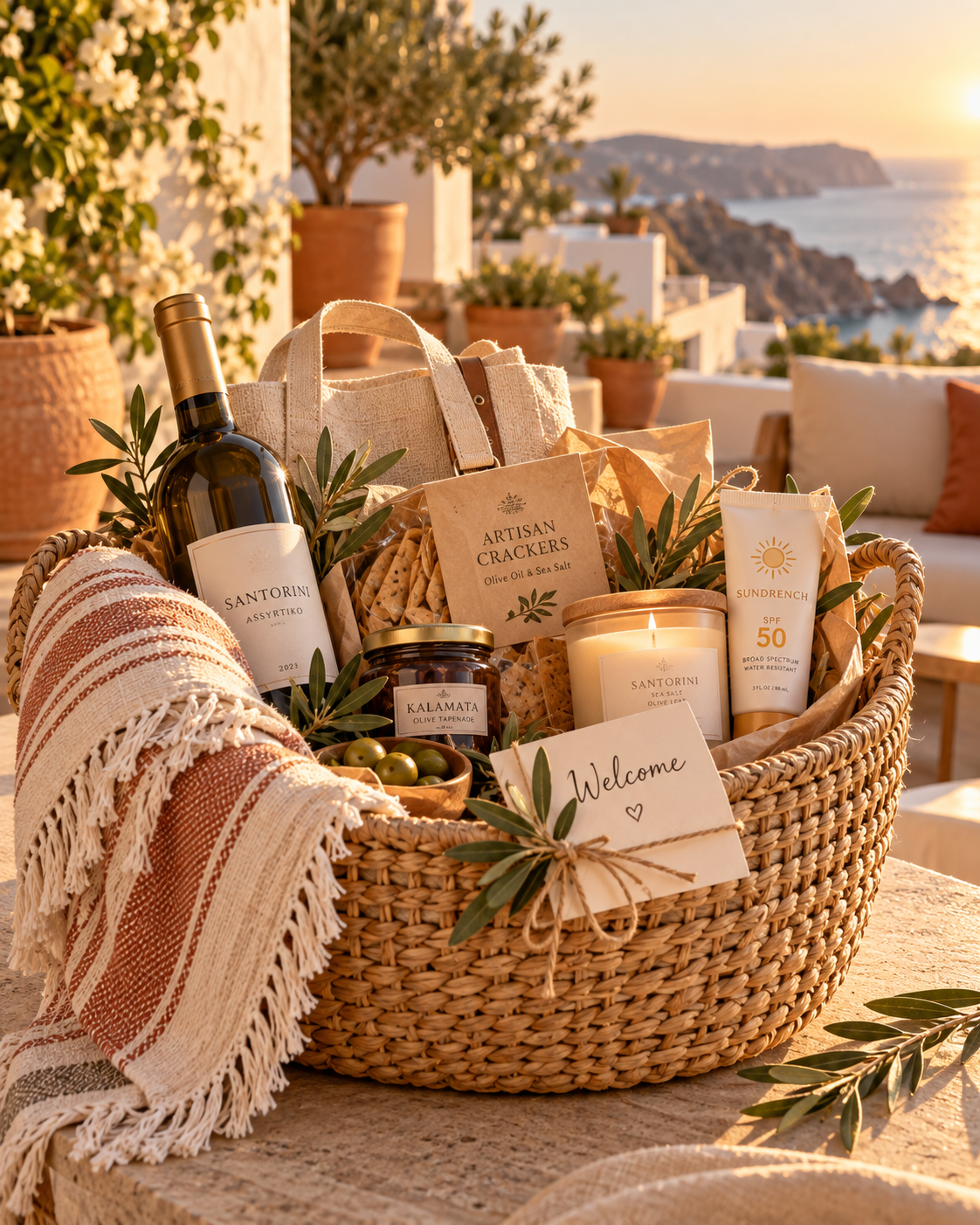 Warm climate Airbnb welcome basket on a sunny Mediterranean-style terrace