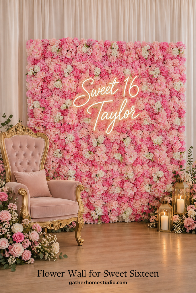 Blush and white flower wall sweet sixteen backdrop