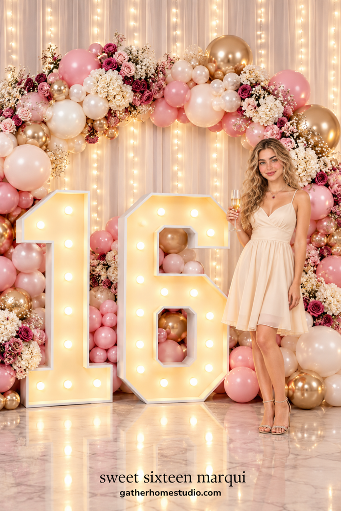 Giant light-up marquee 16 numbers sweet sixteen backdrop