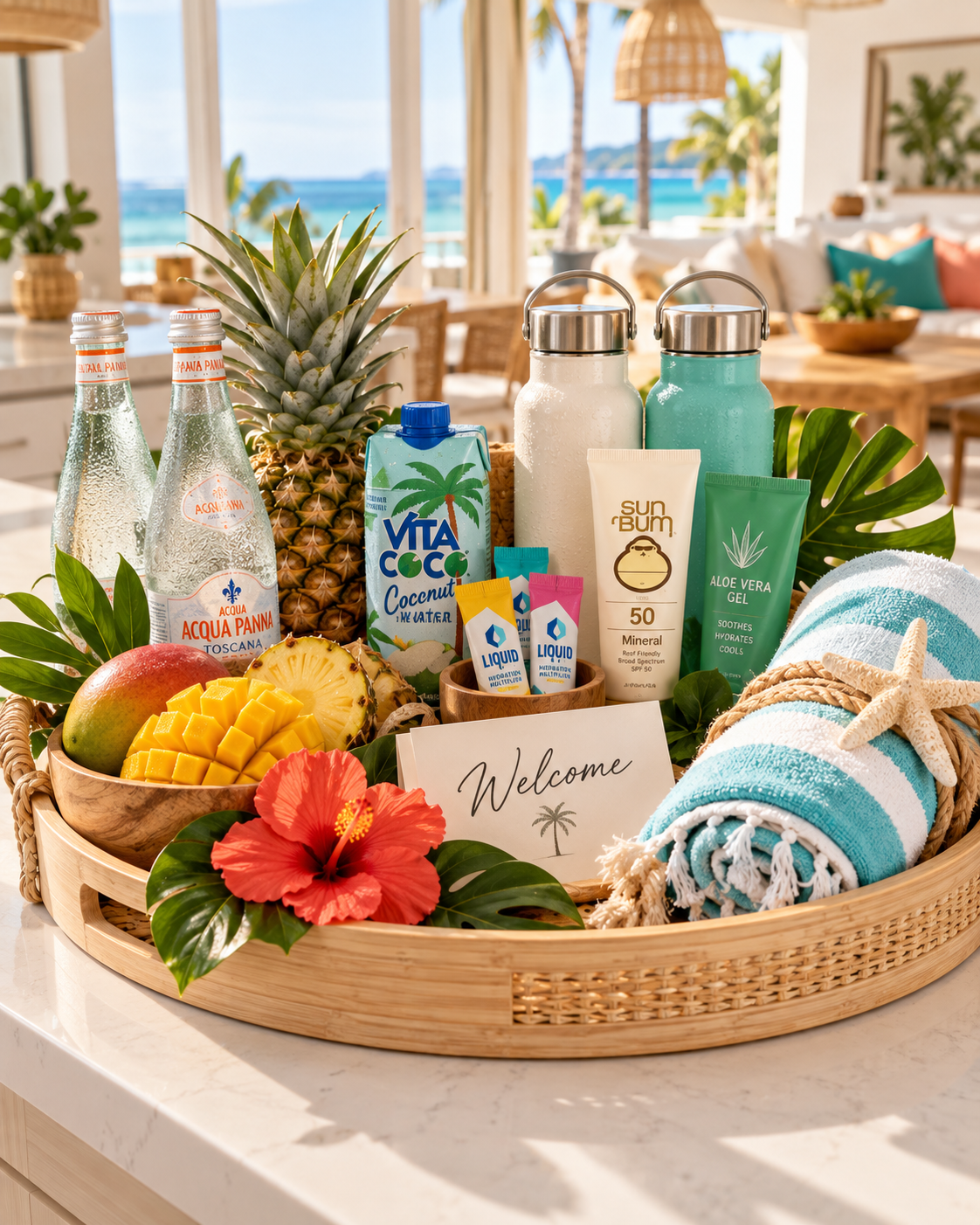 Hot climate Airbnb welcome basket with chilled drinks and tropical fruit in a beach house kitchen