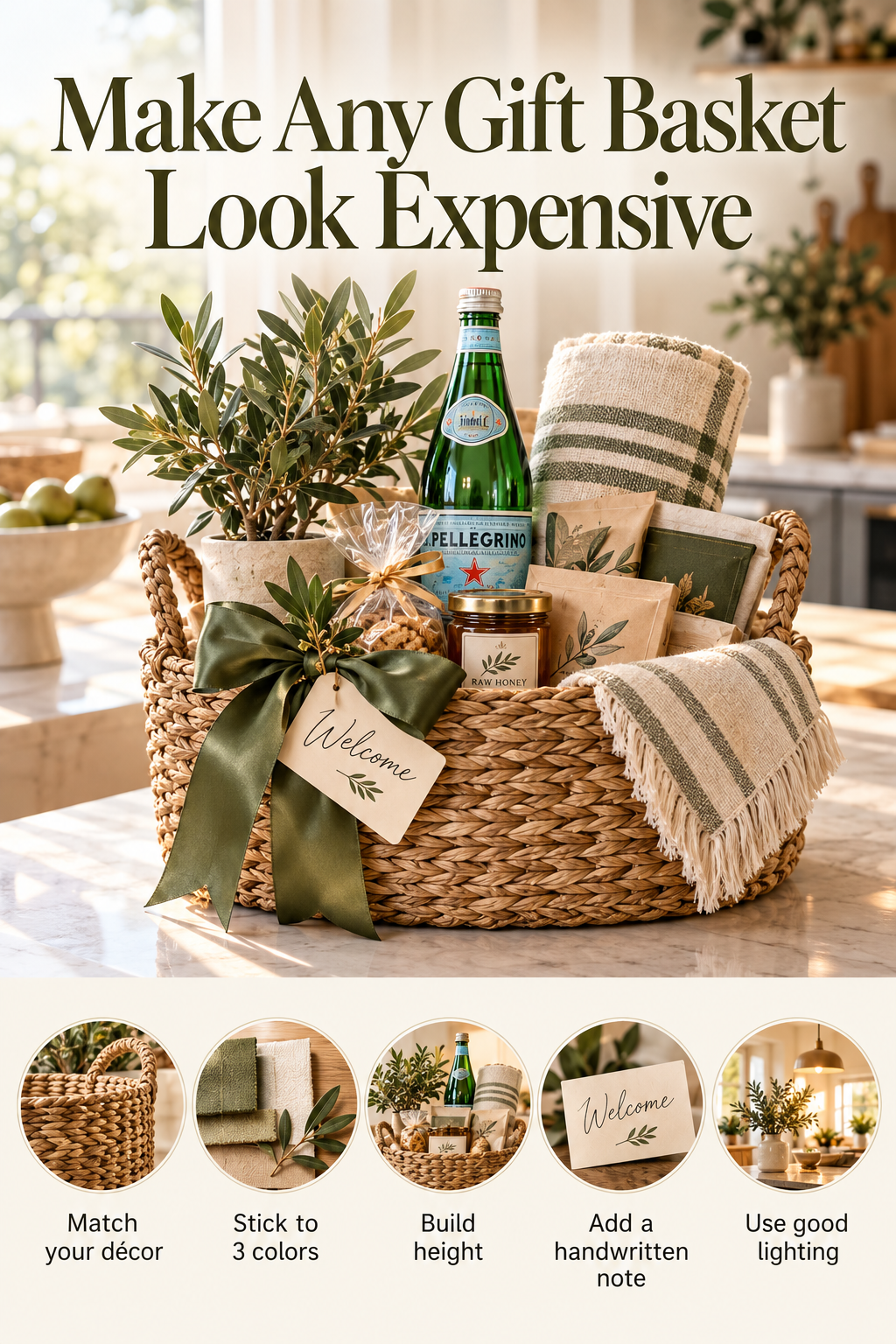 Styled Airbnb welcome basket on a kitchen counter